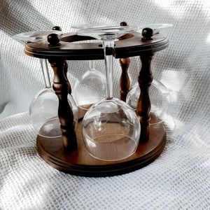 mid century wooden wine glass & wine holder
